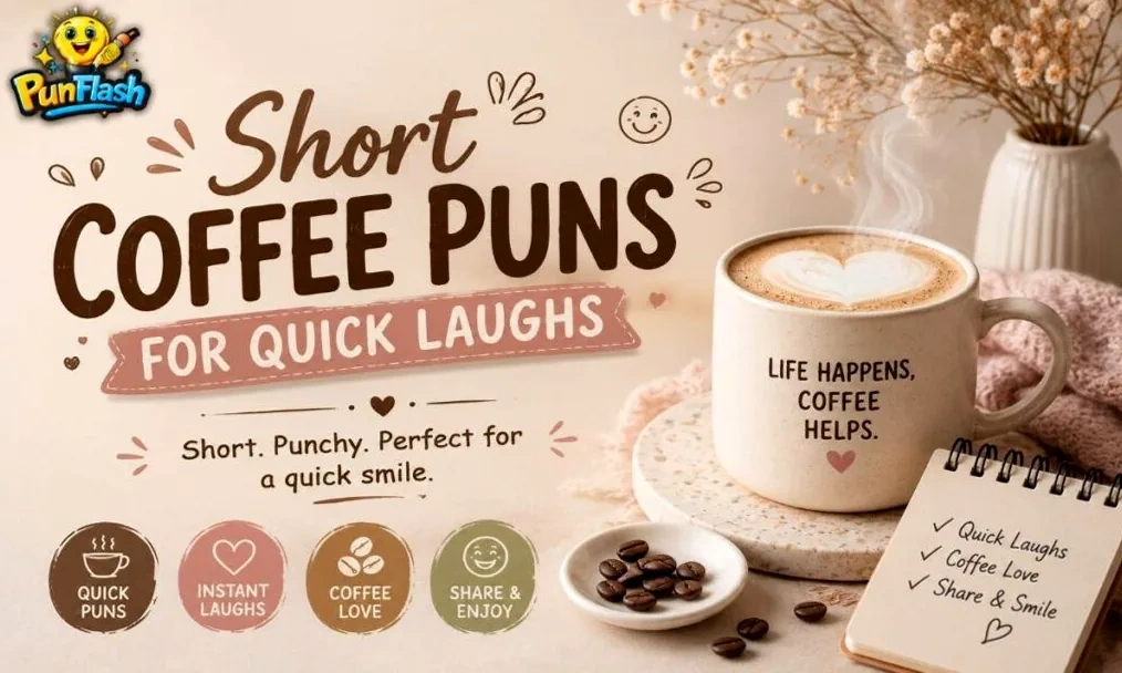 A steaming coffee mug on a wooden table, used to illustrate short coffee puns