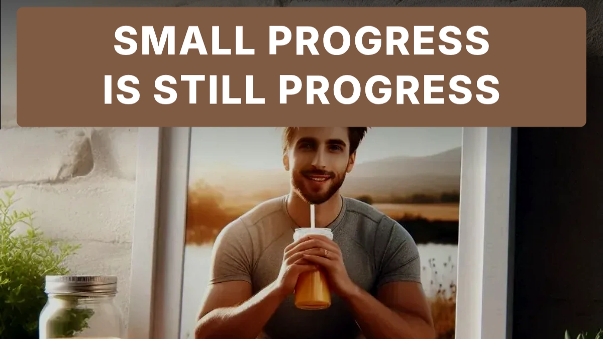 A framed photo of a smiling man sipping a smoothie outdoors, set beside fresh fruit, with a motivational caption across the bottom