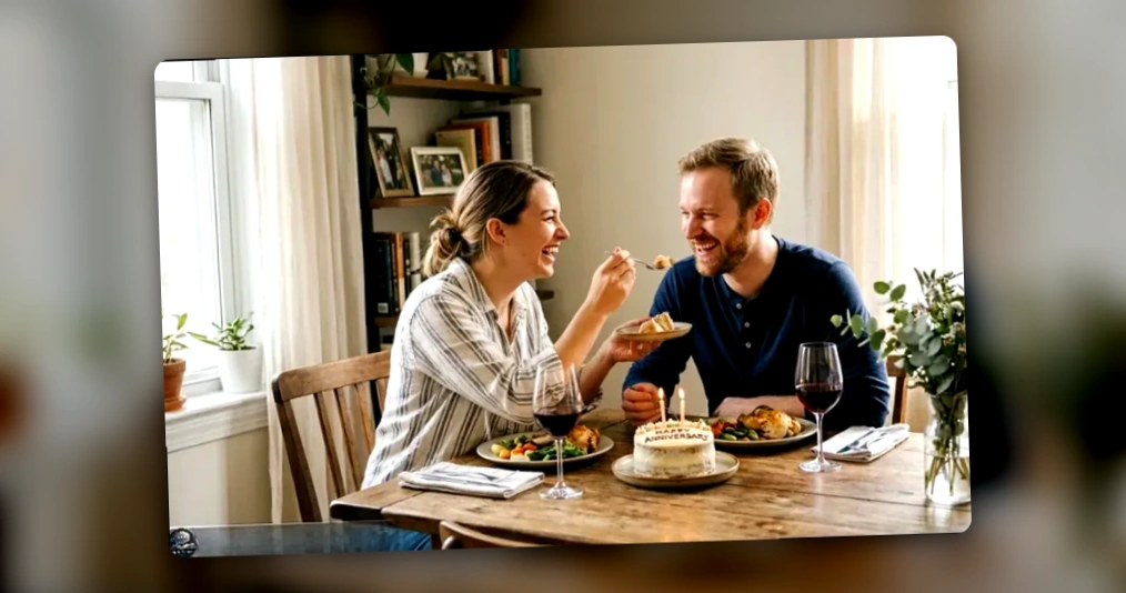 A husband and wife smile and laugh while sharing a bite of food at a table set with a small anniversary cake and wine