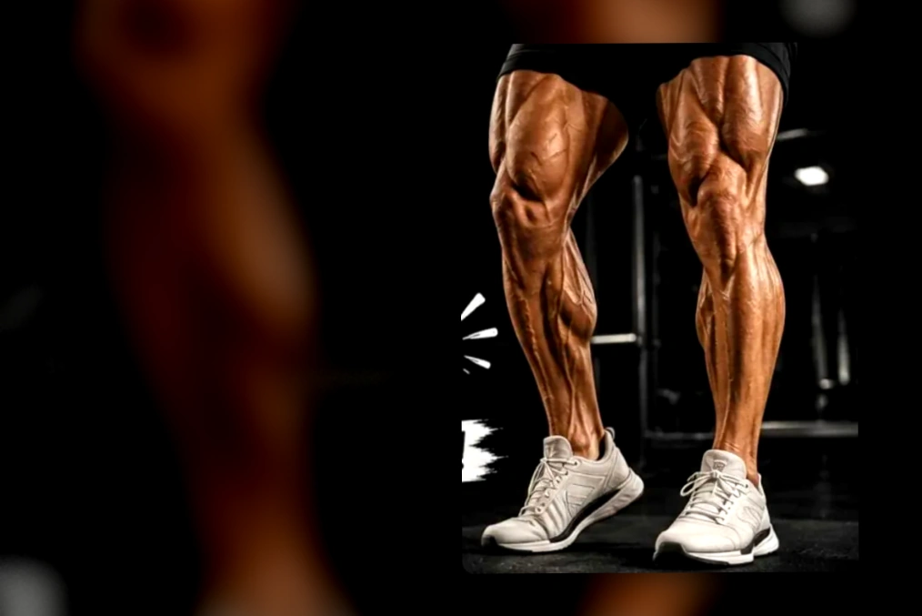 Close up of a muscular bodybuilder's legs and calves standing in a gym after a leg workout