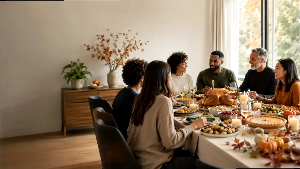 Illustration of several generations of a family seated around a long Thanksgiving table, passing dishes and talking