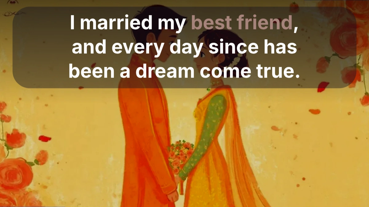 An illustrated bride and groom in orange and yellow wedding outfits face each other among painted roses, with a romantic anniversary caption across the top of the image